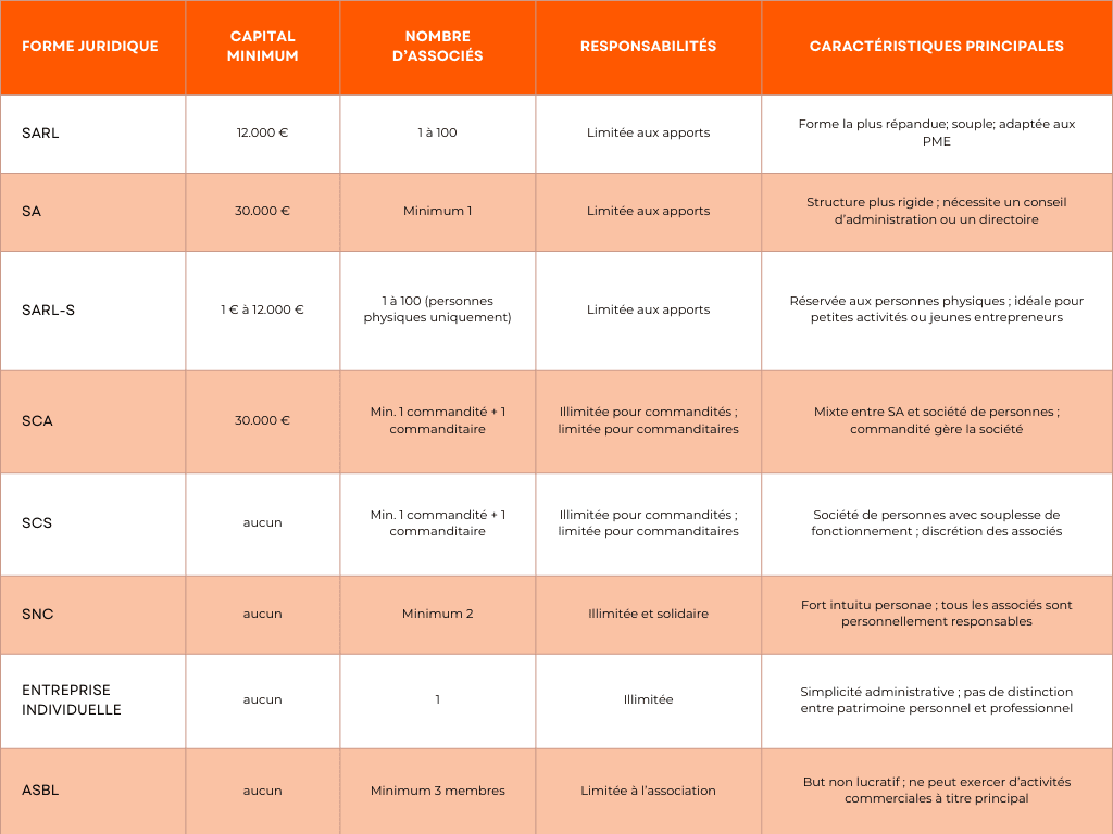 tableau comparatif des différents statuts juridiques pour créer une entreprise au Luxembourg